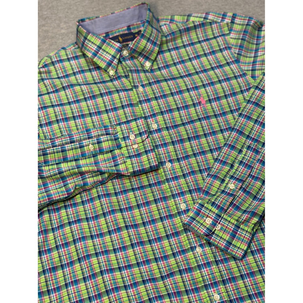 Ralph Lauren XL Non-Iron Button Down Shirt Green Blue Pink Plaid Cotton Mens